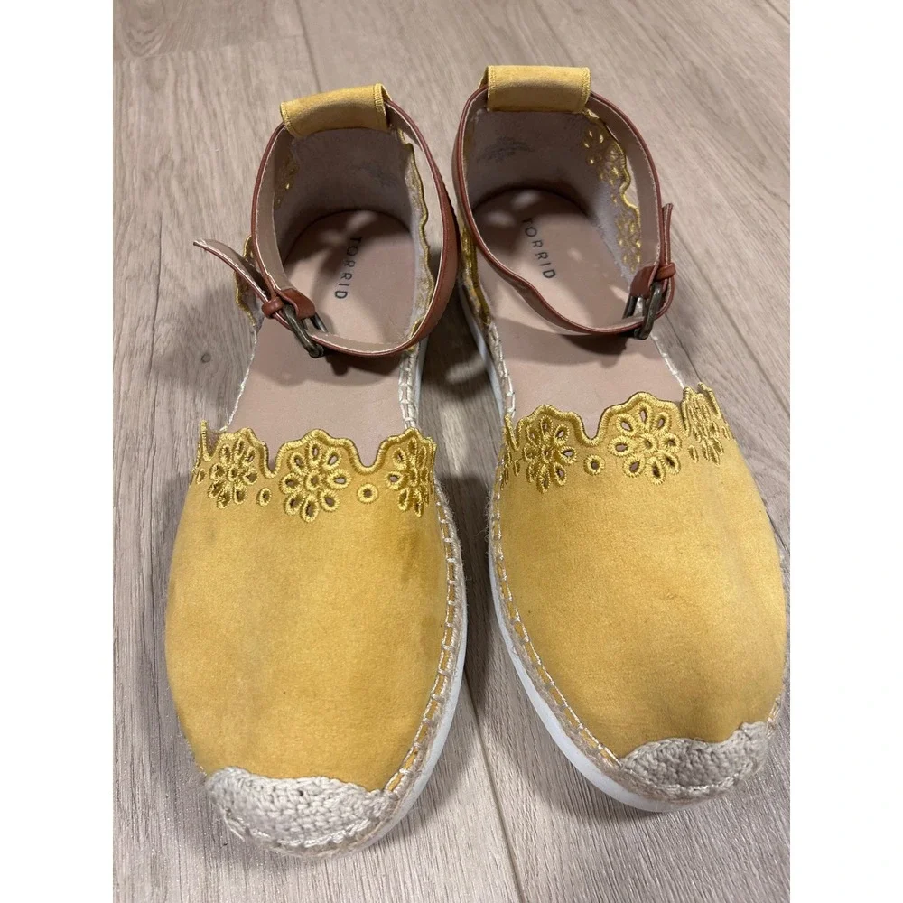 Torrid Mustard Yellow Eyelet Embroidered Espadrille Ankle Strap Flats 10W